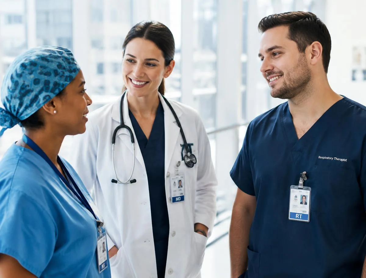 Surgical technologist and clinical team talking in a hospital