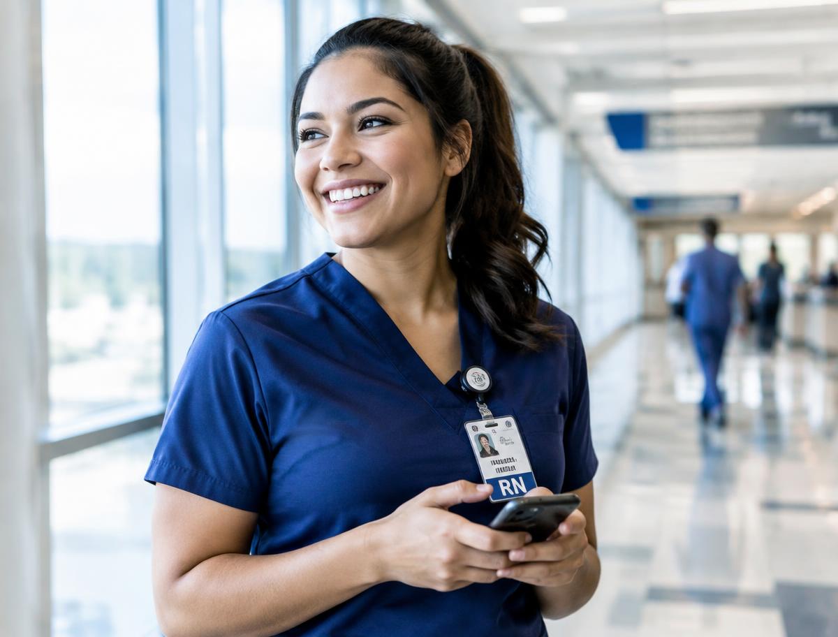 Travel nurse checking her credentials on her phone in a hospital hallway
